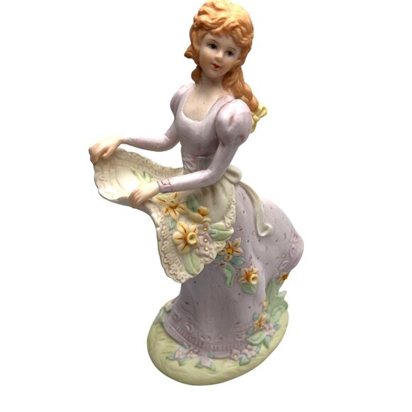 Rare Vintage Homco Bisque Porcelain Figure Victorian Lady Flowers Not Music Box - Picture 2 of 16